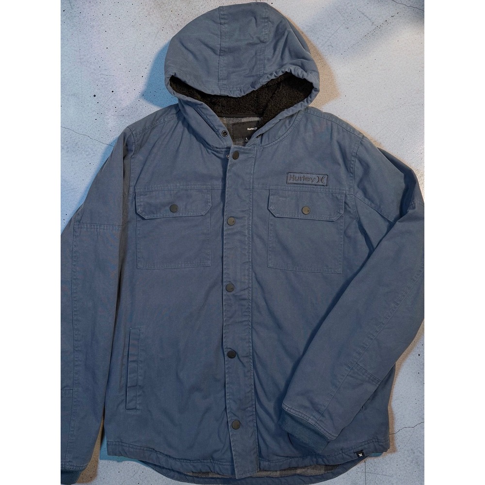 Hurley Mens Blue Canvas Hooded Jacket Sherpa Plaid Lined MJK0002220 Large